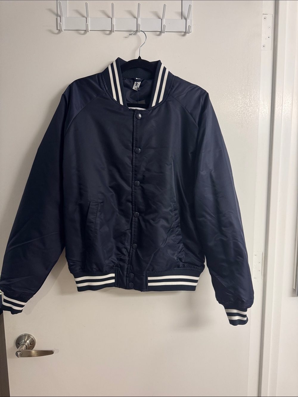 Women’s UNC Navy Bomber Jacket with White Striped Rib Trim